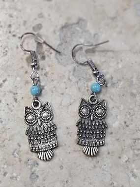 Owl Drop Earrings with Turquoise Bead